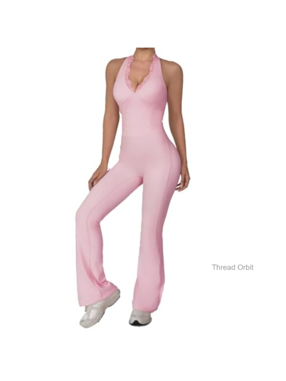 Workout Scrunch Flare Jumpsuit Lace Deep V Halter Backless Butt Lift Yoga